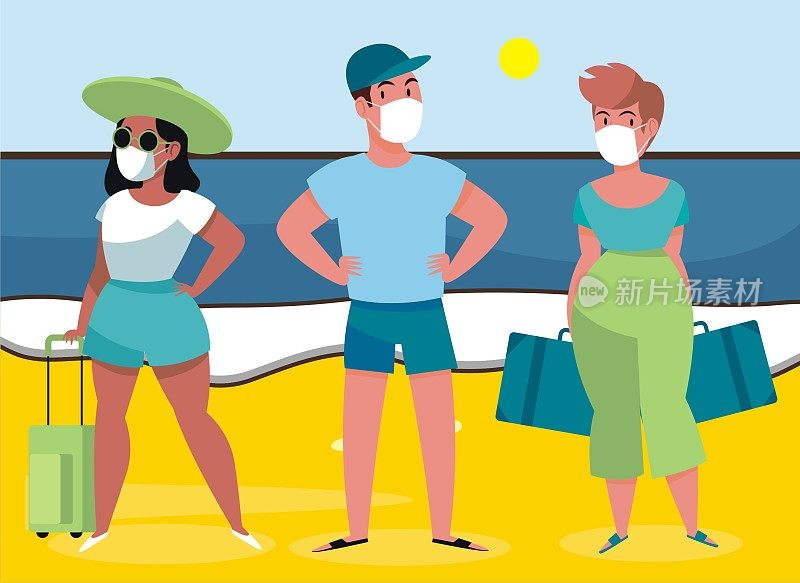 男孩和女孩在海滩度假，戴着面具，戴着帽子的女孩在行李袋里，在夏天的海滩上，