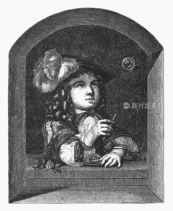 一个吹泡泡的男孩，卡斯帕・奈舍尔木刻，1878年