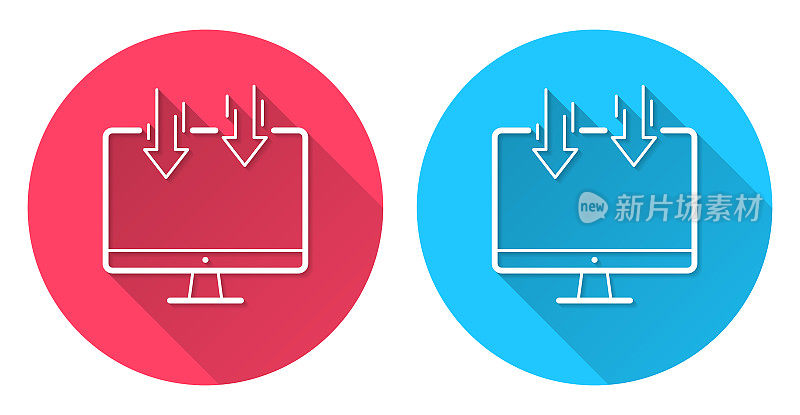 发送到桌面电脑。圆形图标与长阴影在红色或蓝色的背景