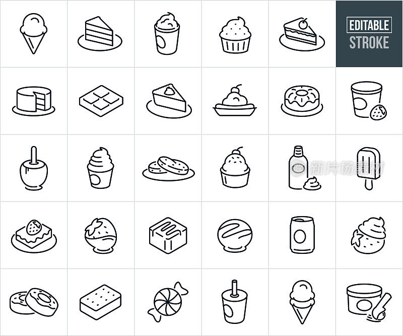 甜点和糖果细线图标-可编辑的笔画