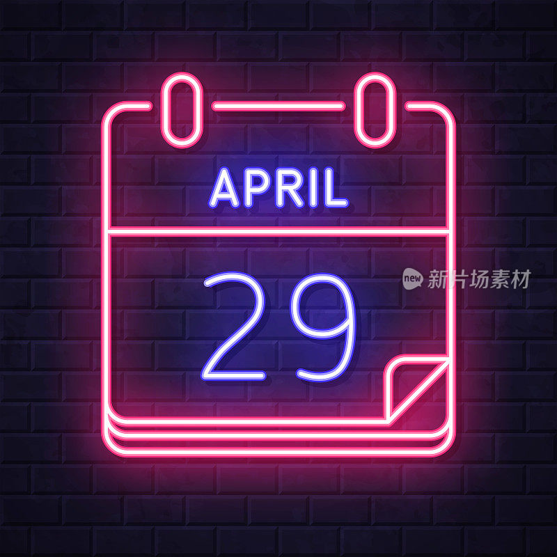 4月29日。在砖墙背景上发光的霓虹灯图标
