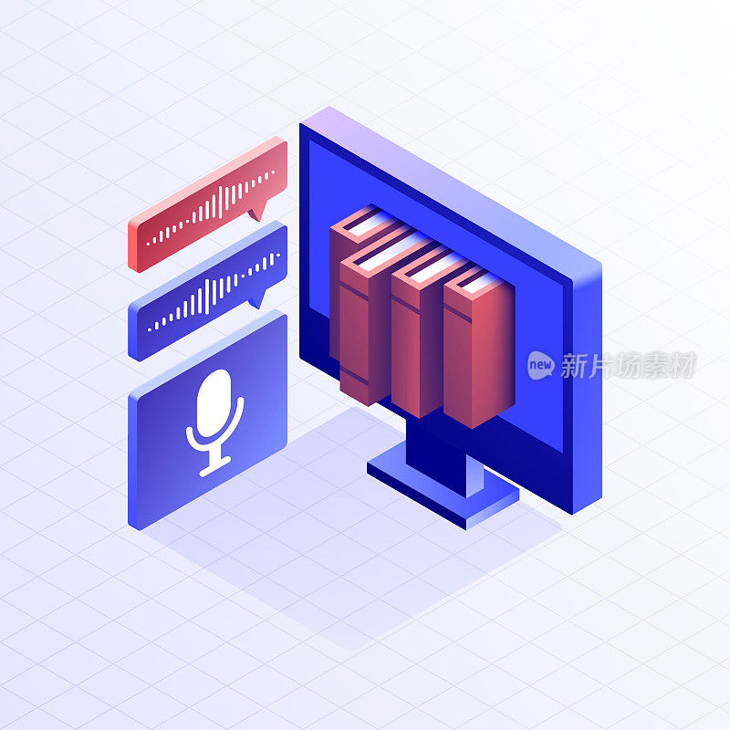在线阅读书籍图标设计,三维等距绘图。在线教育,电子书,电子学习,电子阅读器,书籍。
