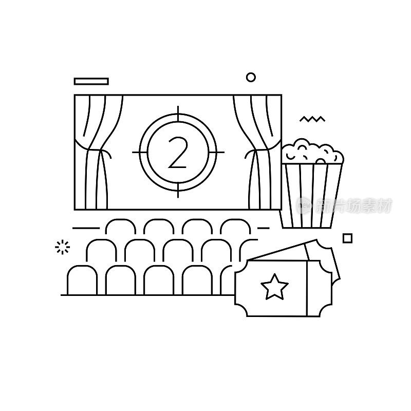电影相关的概念矢量插图。电影、娱乐、门票、爆米花。