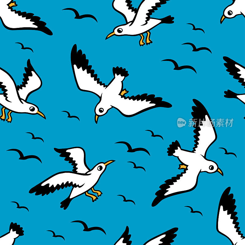 海鸥在蓝天中飞行的无缝背景图案