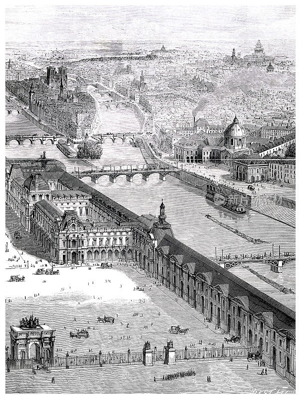 巴黎全景与卢浮宫雕刻1856年