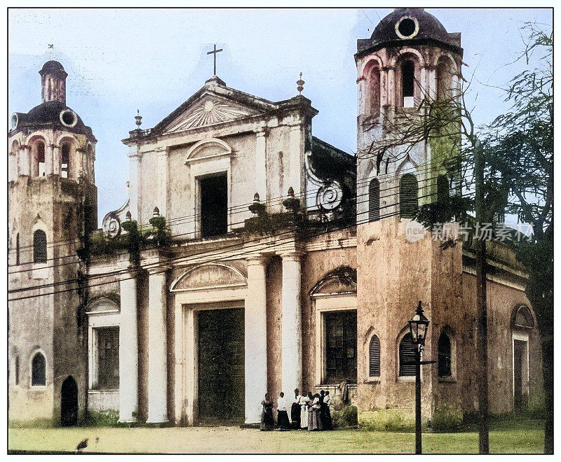 古董黑白照片:波多黎各庞塞的老大教堂