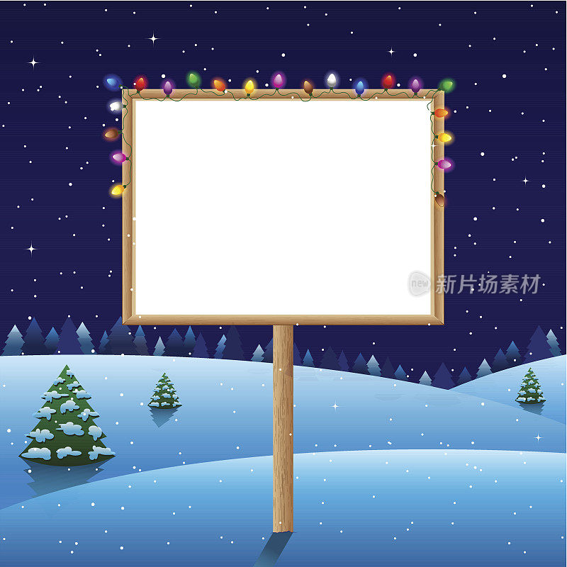 在冬天的夜晚用圣诞灯的空白板