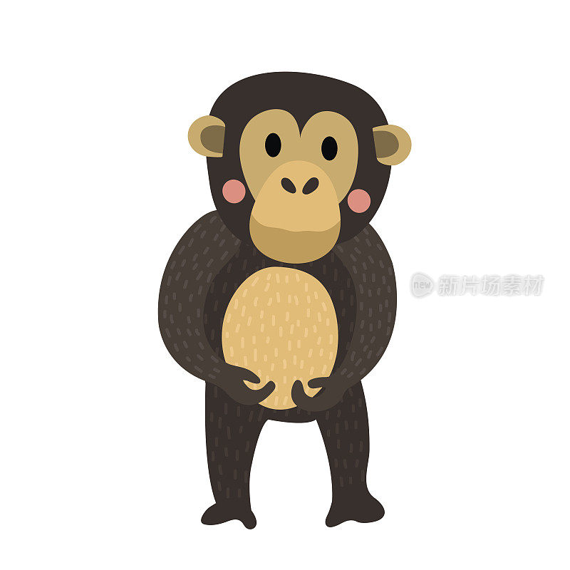 黑猩猩动物卡通人物矢量插图。