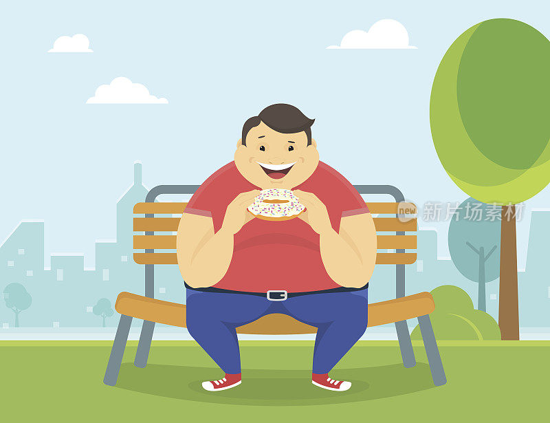 快乐的胖子在公园里吃着一个大甜甜圈