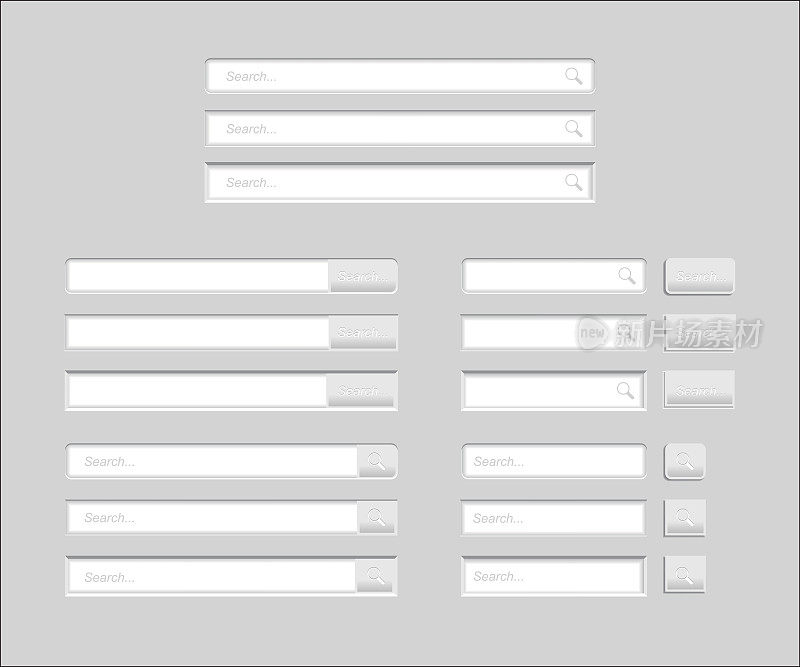 一组搜索栏孤立在灰色背景。矢量模板的互联网搜索。带有白色按钮的网上冲浪界面。
