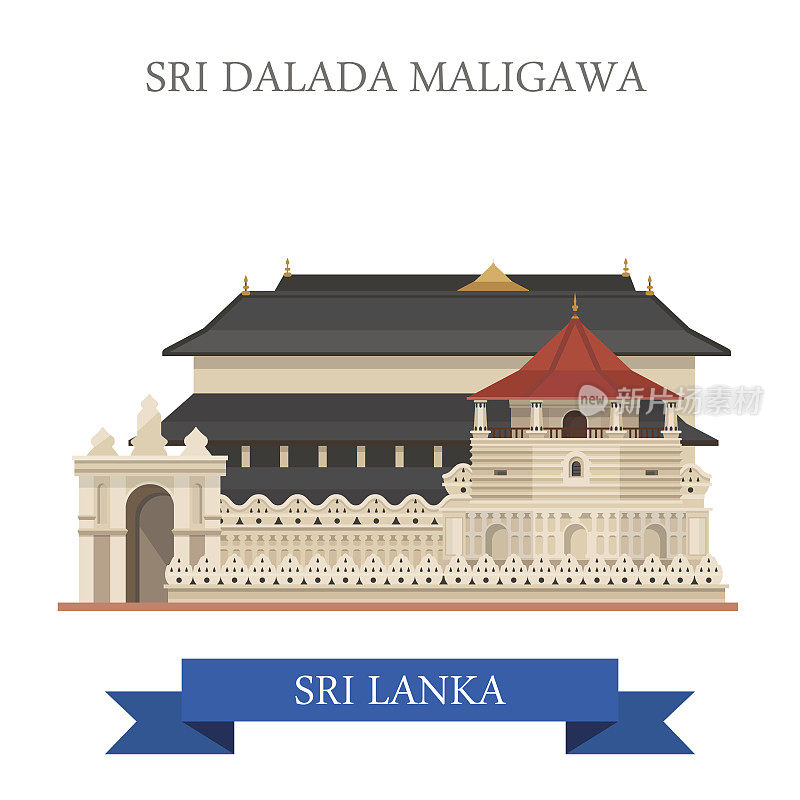 斯里兰卡的达利达·马里加瓦。平面卡通风格的历史景点展示景点网站矢量插图。世界各国城市度假旅游观光亚洲收藏。