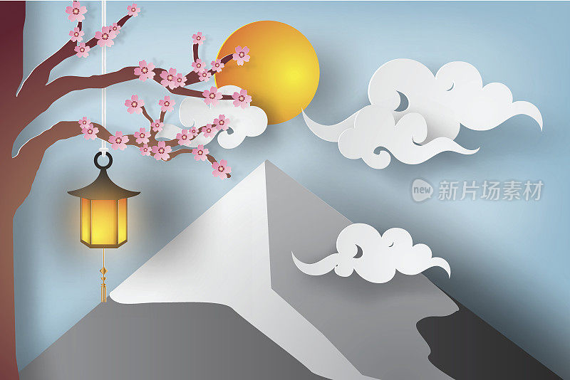 樱花花枝、云和富士山的美丽风景。矢量和插图设计