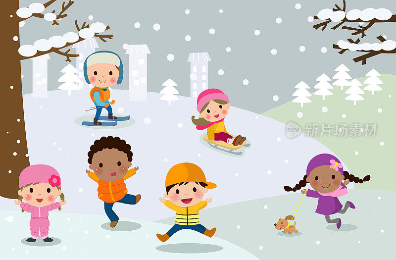 快乐的孩子们在雪地里玩耍