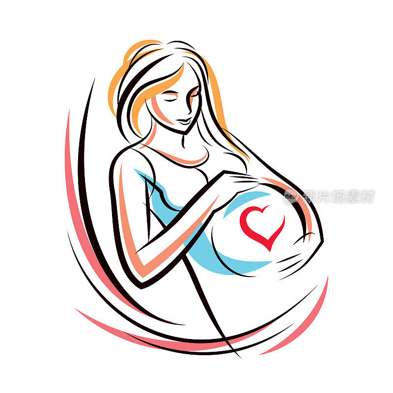 孕妇优雅的女人期待宝宝，手绘矢量插图由心形框架构成。爱和爱抚的主题。母亲的一天。