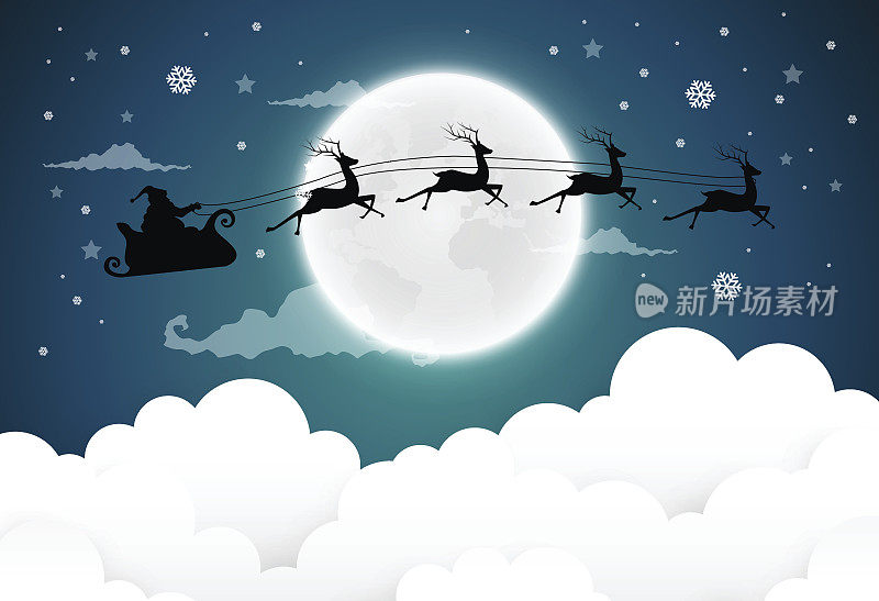 圣诞和新年背景与圣诞老人在天空。矢量