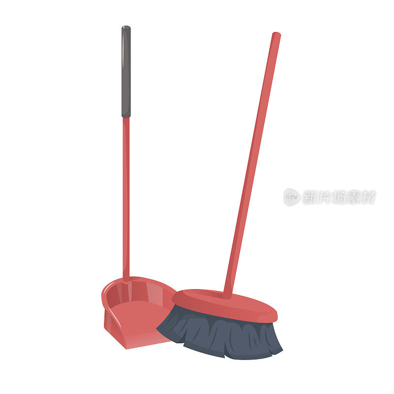 卡通时尚风格的红色簸箕与棍子和刷扫帚。清理和卫生矢量图标插图。