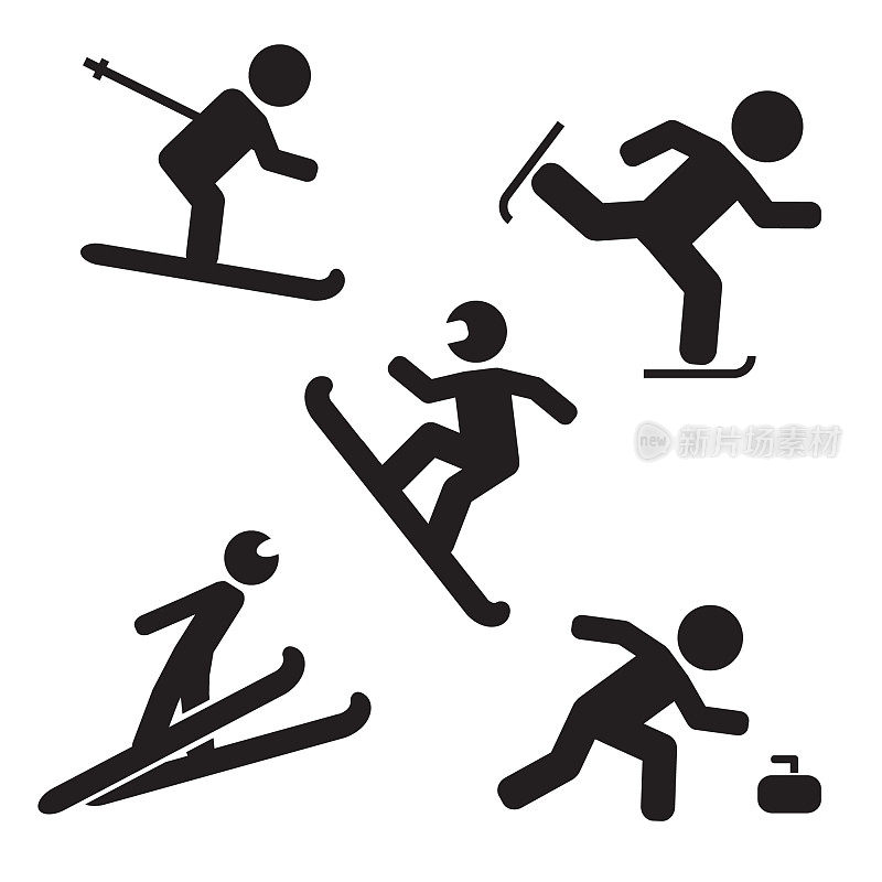 冬季运动矢量图标设置，滑雪，跳台滑雪，冰壶，滑冰，滑板滑雪