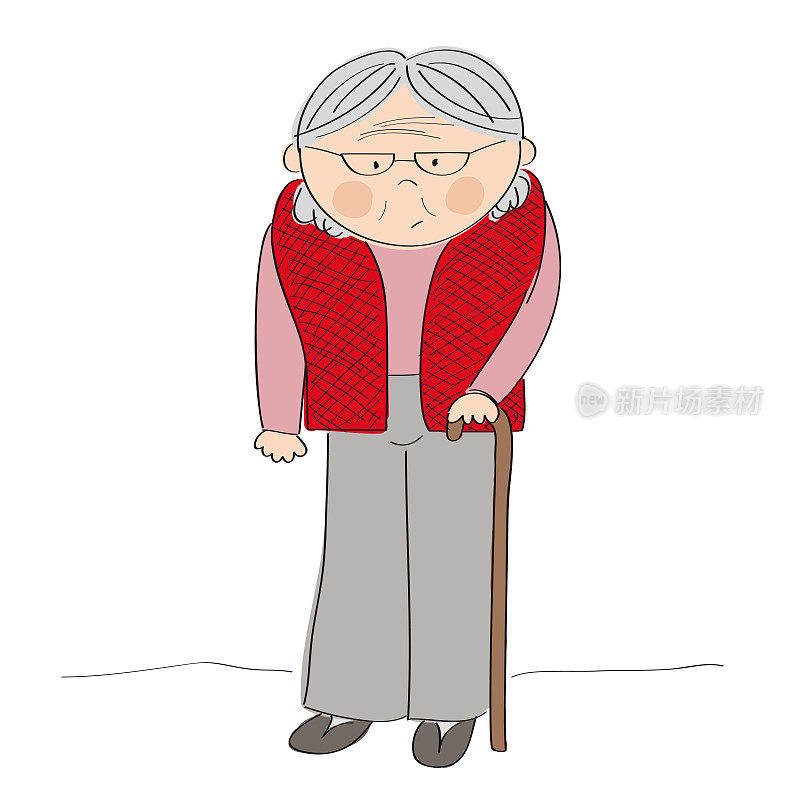 老太太或祖母与拐杖站卡通人物-原创手绘插图