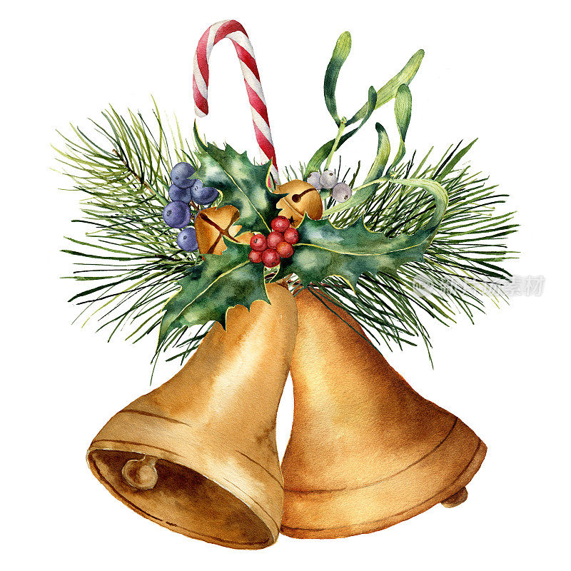 水彩圣诞钟声与节日装饰。手绘花卉组成与冬青，槲寄生，糖果，冷杉枝，铃，杜松子孤立在白色的背景。