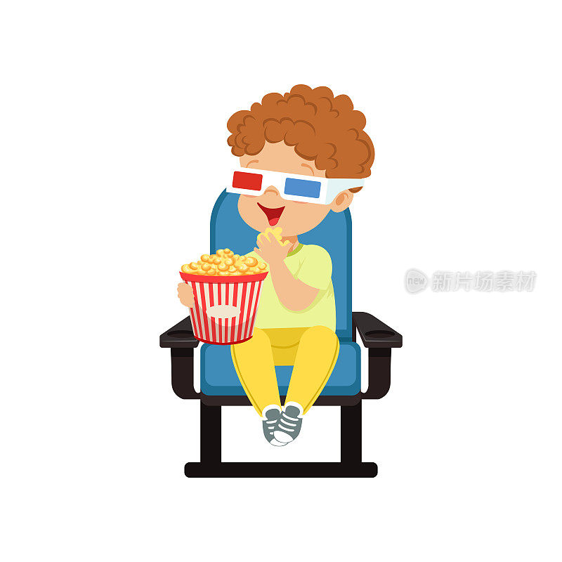 可爱的小男孩戴着3d眼镜坐在蓝色的椅子上，吃着爆米花，在电影院看3d电影矢量插图