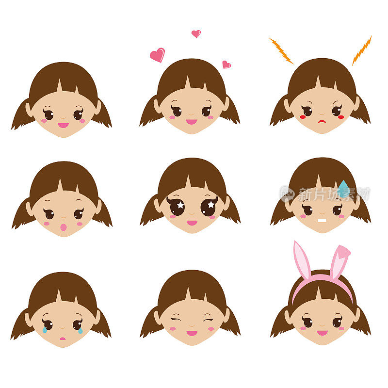 孩子emoji。可爱的女孩脸上带着情感。向量的心情图标