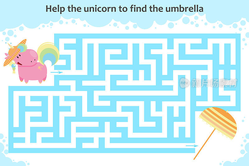 向量迷宫游戏。帮助独角兽找到伞。儿童教育游戏