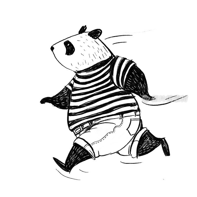 黑白铅笔插图。穿着t恤和牛仔裤跑步的熊猫
