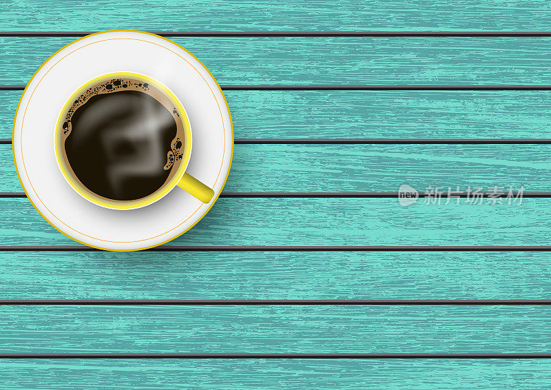 现实的黄色和白色咖啡杯与茶碟在蓝色复古木制桌子矢量插图，俯视图