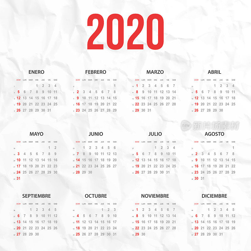 西班牙2020年日历在白色皱巴巴的背景上