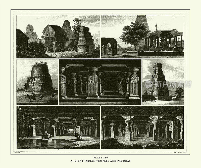 雕刻古董，古代印度寺庙和宝塔雕刻古董插图，1851年出版