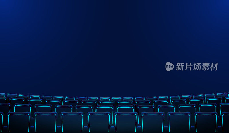 现实的一排排蓝色椅子电影院或电影院的座位在黑暗中。电影院礼堂及电影院空景设计。矢量平面风格卡通插图。电影首映式海报。