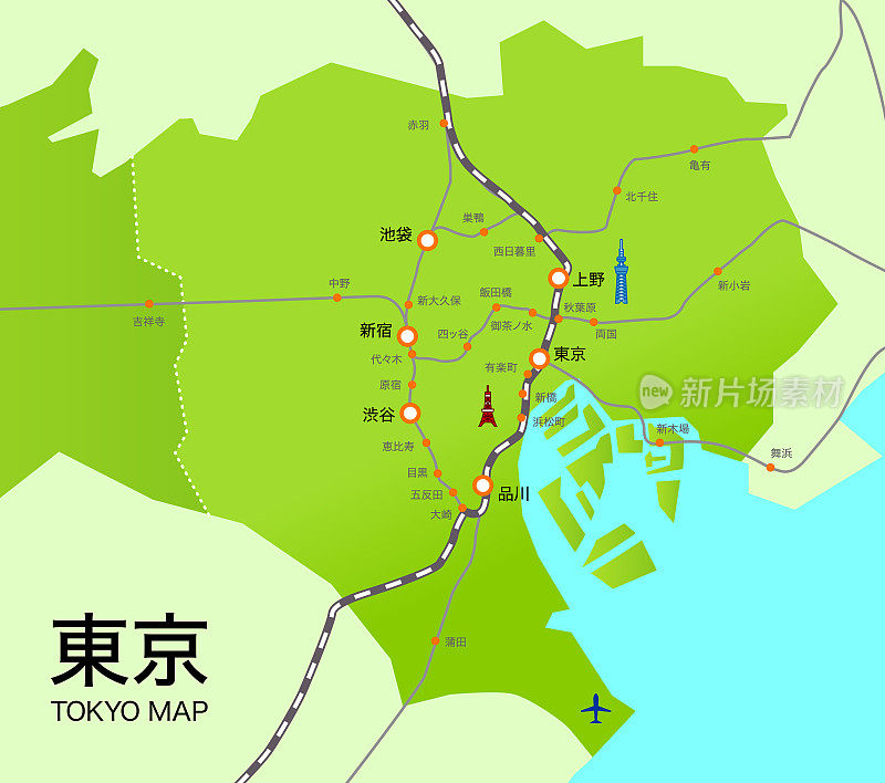 东京23区日本地区地图中央站矢量插图材料
