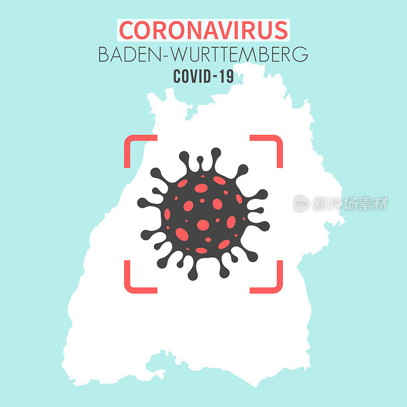 巴登-符腾堡州地图，红色取景器中有冠状病毒细胞(COVID-19)