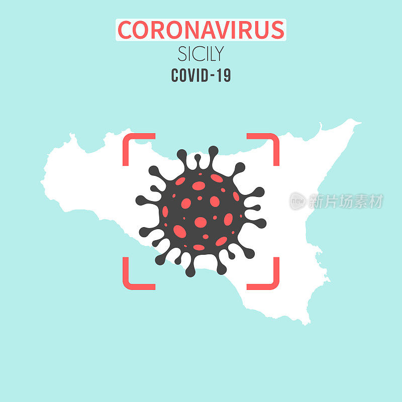 西西里岛地图，红色取景器显示冠状病毒(COVID-19)细胞