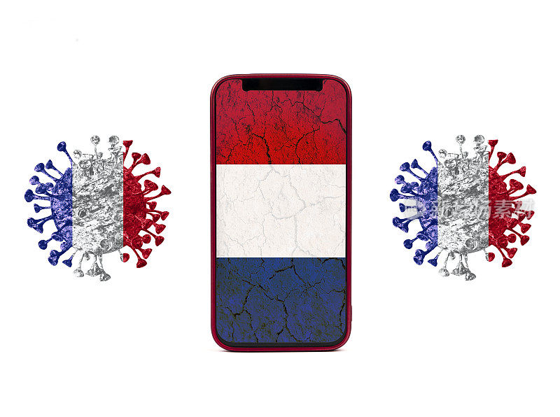 法国-冠状病毒病COVID-19电话屏幕世界旗帜病毒隔离在白色背景
