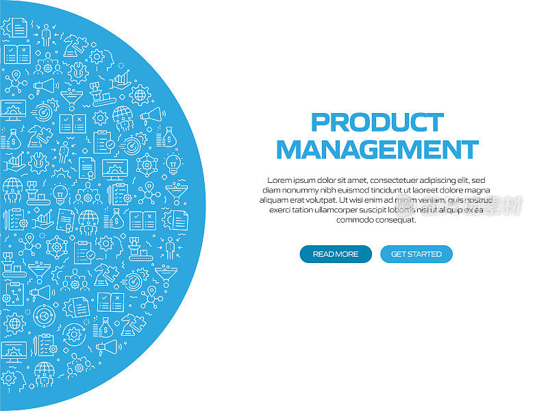 产品管理相关横幅设计与模式。现代线条风格图标矢量插图