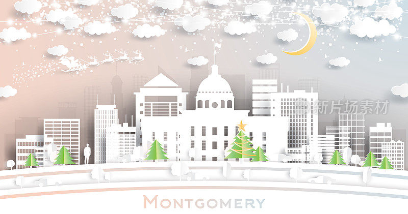 美国阿拉巴马蒙哥马利市剪纸风格的天际线与雪花，月亮和霓虹灯花环。