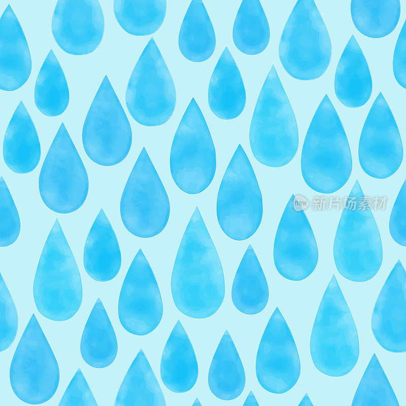 水彩蓝色雨滴无缝图案。手绘矢量蓝色雨滴背景模板为卡片，邀请，海报，名片和传单。