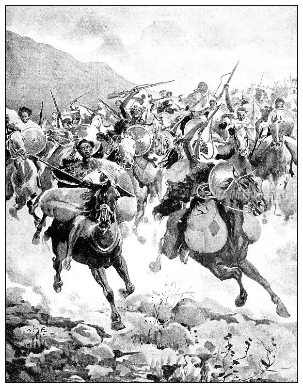 第一次意大利-埃塞俄比亚战争(1895-1896)的古董插图:埃塞俄比亚骑兵