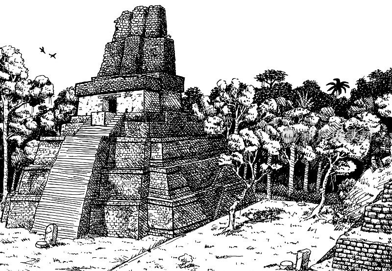 在蒂卡尔古城的森林中，陡峭的神庙金字塔。玛雅文明的一处大型考古遗址，位于危地马拉北部。墨水画画。