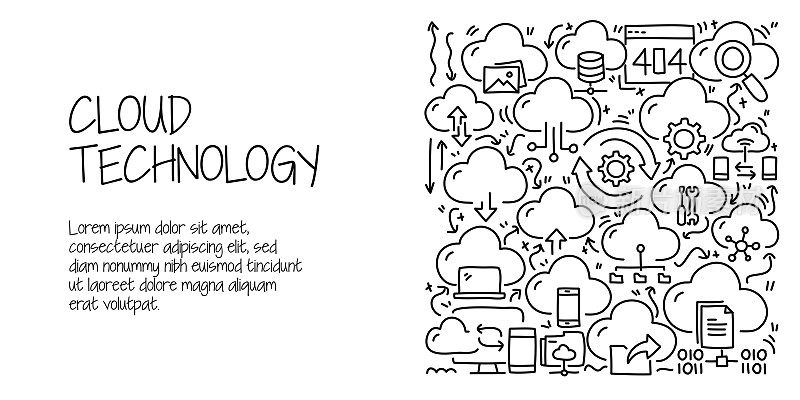 云技术相关的涂鸦插图。现代设计矢量插图的网页横幅，网站标题等。