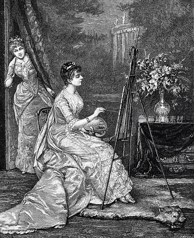 一个女人在画架上画画，另一个在窗帘后窥视