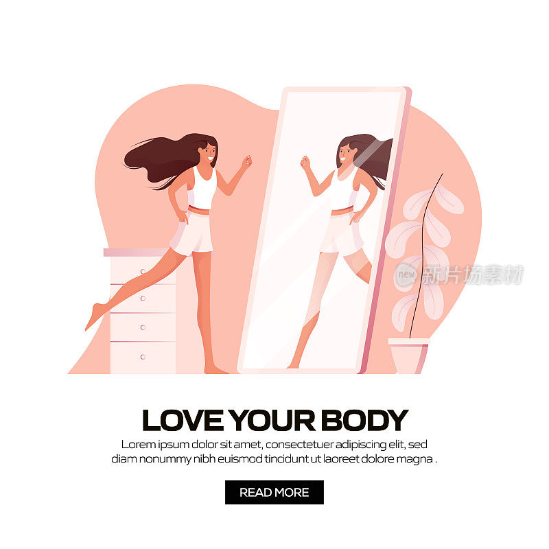 爱你的身体概念彩色矢量插图在平面卡通风格。美，身体护理和化妆品相关的现代矢量插图的社交媒体帖子