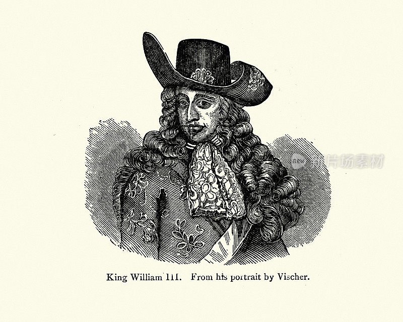 国王威廉三世的肖像戴着宽边帽和领带17世纪时尚