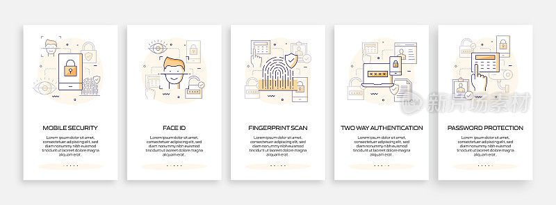 数据安全和网络安全概念的移动应用程序页面屏幕与平面图标。用户体验，用户界面设计模板矢量插图