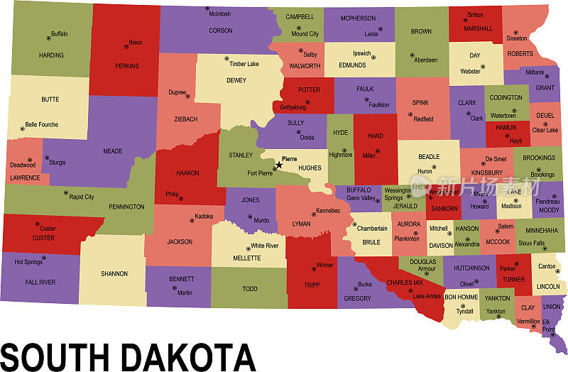 美国南达科他州彩色平面地图与县