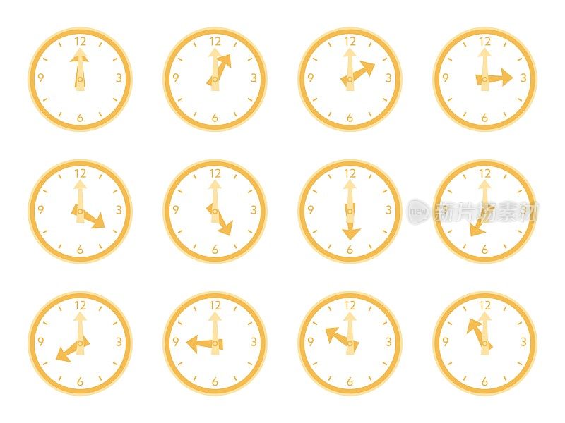 插图一套简单的黄色时钟。