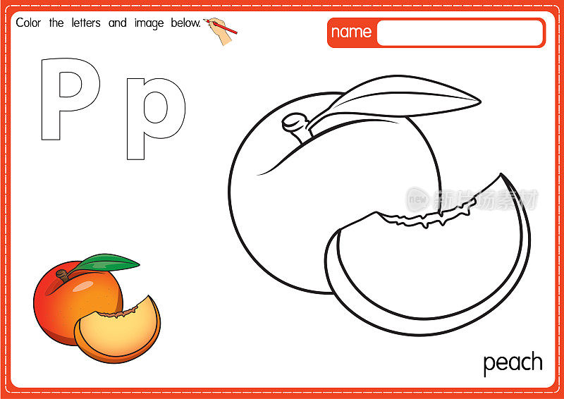 矢量插图的儿童字母着色书页与概述剪贴画，以颜色。字母P代表桃子。