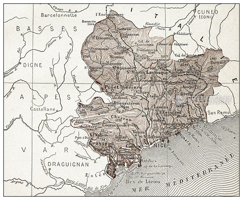 古老的法国阿尔卑斯海洋地图(département)