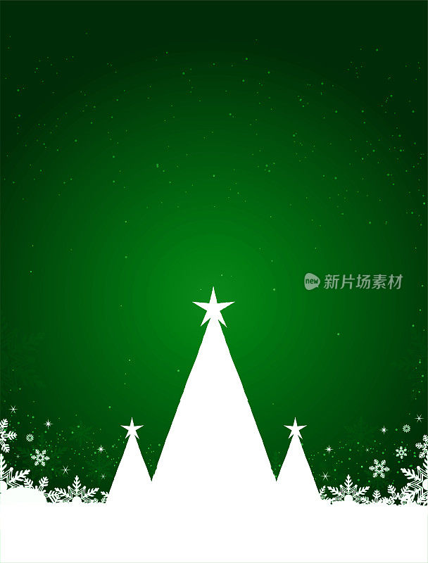 闪闪发光的圣诞节矢量垂直绿色背景与三个白色的平原三角形树与星星在顶部和雪花和闪亮的点在明亮的黑暗背景底部
